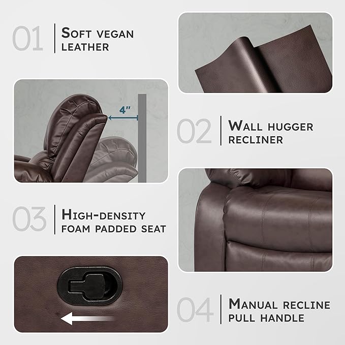 Lexicon Humphreys Faux Leather Wall Hugger Recliner Chair for Living Room Office RV - High-Density Foam Sturdy Solid Wood Frame - Chairs Living Room Recliners for Small Spaces - Brown