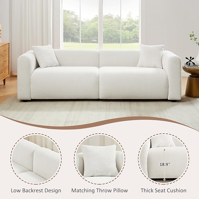 VANOMi 95 Cloud Couch Comfy Deep Seat Boucle Cloud Sofa Upholstered 3-Seater Oversized Loveseat Sofa with 2 Pillows Modern Sofa for Living Room Bedroom Office Apartment (White)