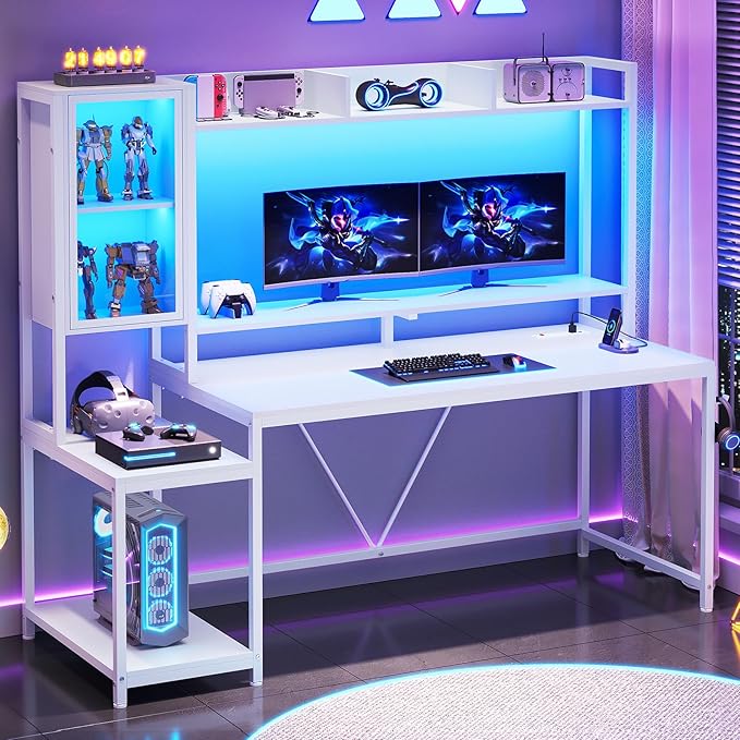 SEDETA White Gaming Desk 60'' Gaming Desk with Hutch and LED Lights Computer Desk with Storage Shelves Large PC Gamer Desk with Display Cabinet Monitor Stand Power Outlet for Home Office