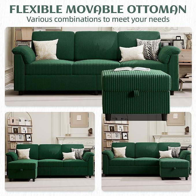 Vongrasig Convertible Sectional Couch 3 Seat L Shaped Sofa with Removable Pillows Linen Fabric Small Modern Couch Mid Century for Living Room Apartment and Office Green