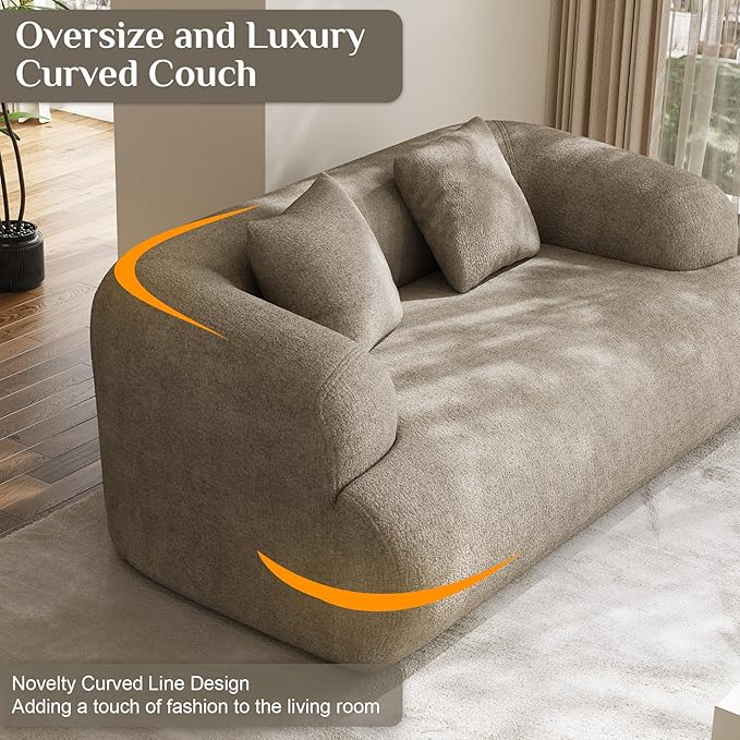 Half Moon Curved Sectional Sofa with 2 Throw Pillows Modern Style 2-Seater Chenille Leisure Couch with Curved Backrest Easy Assembly for Apartment Living Room Bedroom Light Brown（76 inch）