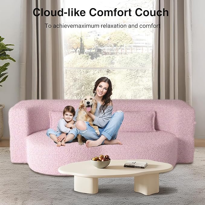 78 Convertible Folding Sofa Bed 2-in-1 Full Size Floor Boneless Couch Bed Loveseat sleeper Couch  Teddy Floor Sofa Memory Foam Sleeper SofaBed Small couches for small spaces No Assembly (Pink)
