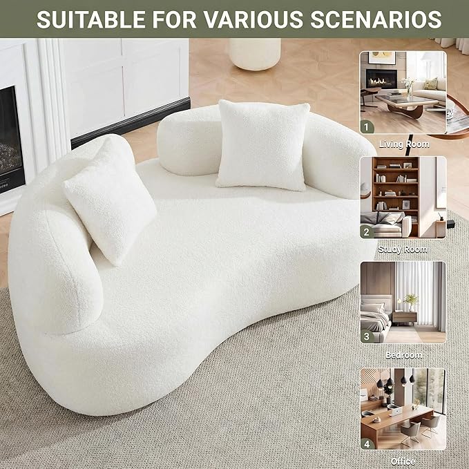 67”Curved Loveseat for Living Room Deep Seat Cloud Loveseat with 2 Throw Pillows Modern Loveseat Adopt Teddy Fabric for Small Spaces The Love Seat Couch No Assembly Needed White Loveseat