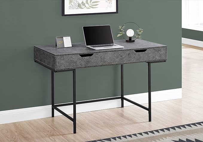Penau Contemporary Computer Desk with 2 Storage Drawers 48 Inch Grey Stone Finish Modern Black Metal Base Versatile Home Office Desk