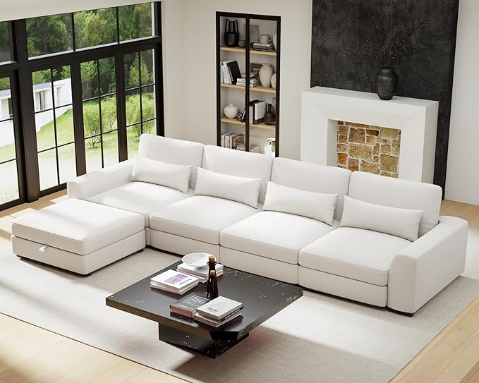 130Sectional Couches for Living Room - Large Modular 5 Seat Sectional Couch-Velvet Linen with Storage Deep Seat Sofa-Convertible Sofa for Large Living Rooms-with ChaiseWashable Covers-Beige