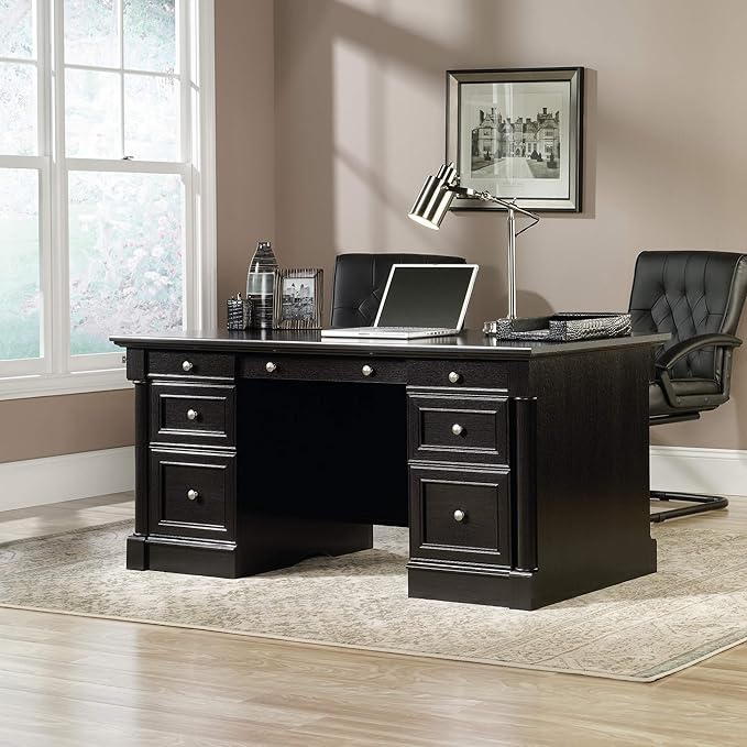 Sauder Palladia Office Desk with Drawers Executive Desk with File Cabinet Storage Cable Management Keyboard Tray in Wind Oak Finish
