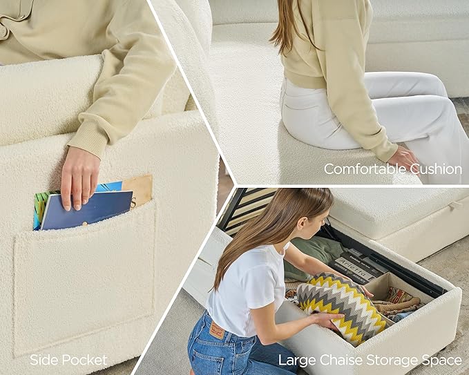 PaPaJet Sofa Bed 112 Inch Sleeper Sofa Oversized U Shaped Couch with Storage Chaise Pull Out Couch for Living Room White Boucle