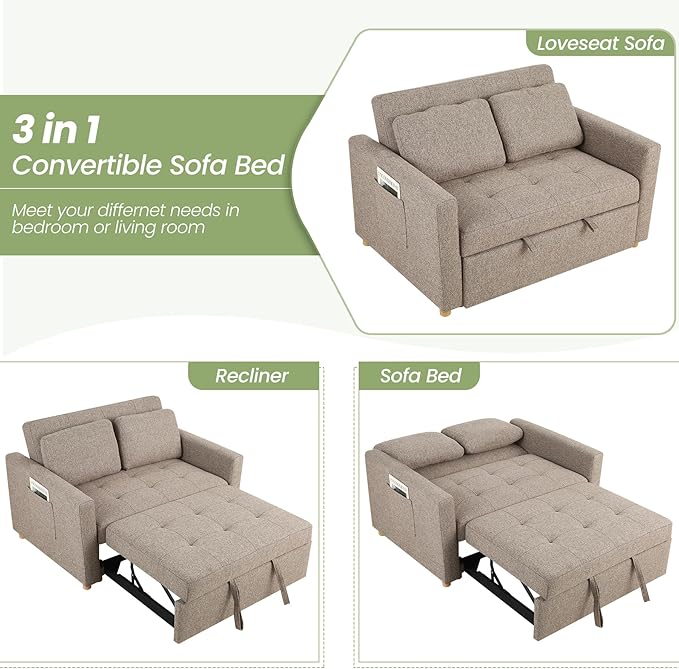 SEJOV 3-in-1 Convertible Sofa Bed Linen Fabric Sleeper Couch Pull Out Bed 49 2-Seater Loveseat Futon Sofa with Spring Support Adjustable Backrest and Pillows for Small Spaces Living Room