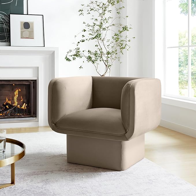 Modway Tate Performance Velvet Accent Chair in Taupe - Upholstered Club Chair - Modern Barrel Armchair - Comfy Reading Leisure Chair for Living Room Bedroom Office