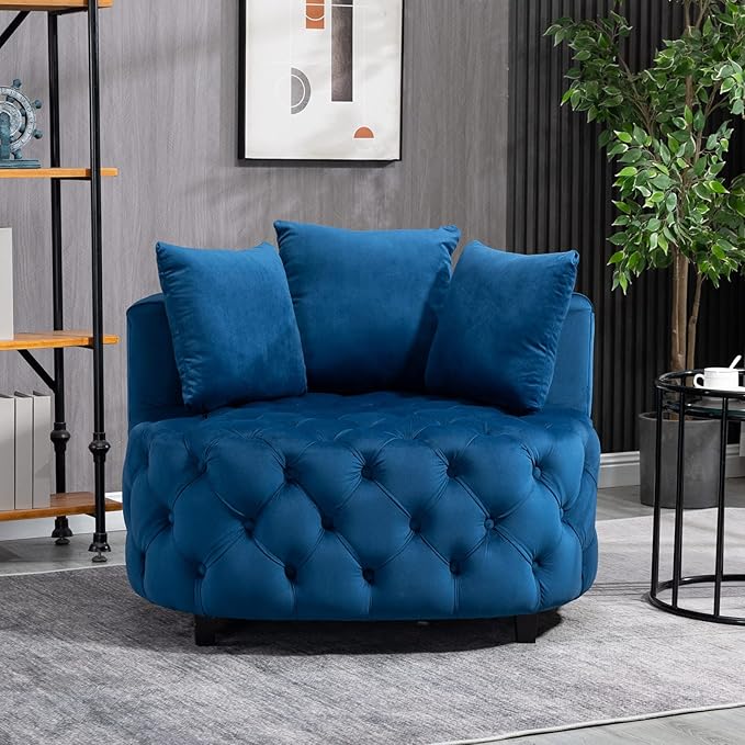 Eafurn 40.6 Wide Oversized Velvet Barrel Accent Chair Modern Round Armchair with Deep Button Tufting &amp 3 Toss Pillows Modern Lounge Chair for Living Room Bedroom Reading Nook