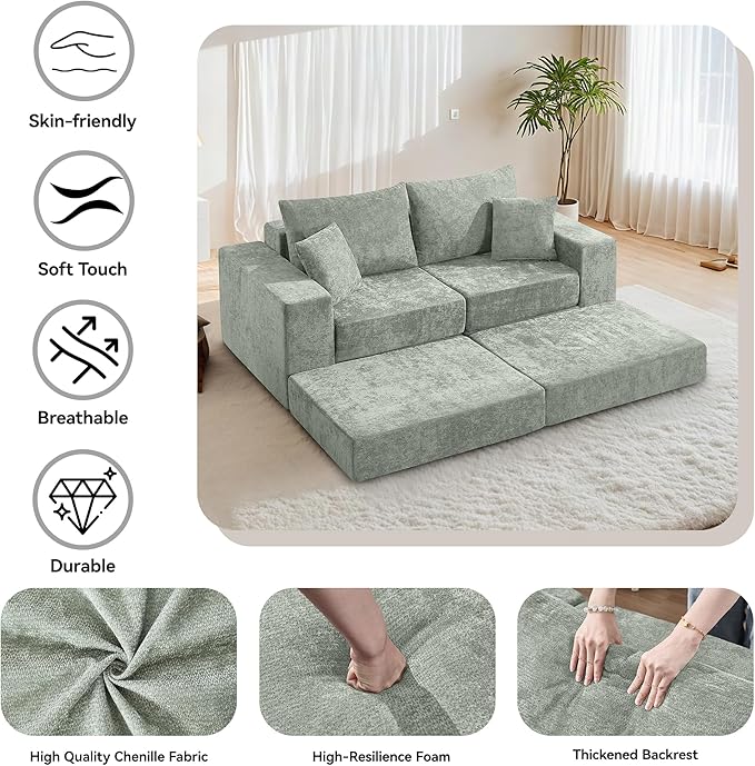 Boneless Sectional Loveseat Couch with Ottoman Convertible Modular Floor Sleeper Sofa Bed Comfy Foldable Compression Love Seat Sofa for Living Room No Assembly Green