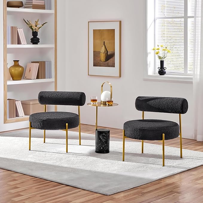 Yaheetech Boucle Vanity Chair Modern Tufted Accent Chair Cozy Sherpa Barrel Chair with Gold Legs Club Chair for Living Room Bedroom Makeup Room Home Office Black 2pcs