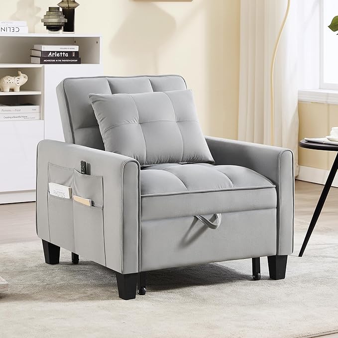 Convertible Sleeper Chair 3 in 1 Sleeper Chair Bed Pull Out Sofa Bed Chairs Velvet Single Sofa Beds with Adjustable Backrest for Adults Reading Living Room Bedroom Light Grey