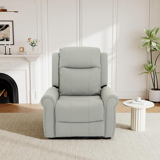 Merax 270°Swivel Rocker Recliner Chair PU Leather Manual Recliner with Massage and Heating Dual Reclining Positions and Side Pocket and for Living Room Bedroom or Nursery Grey
