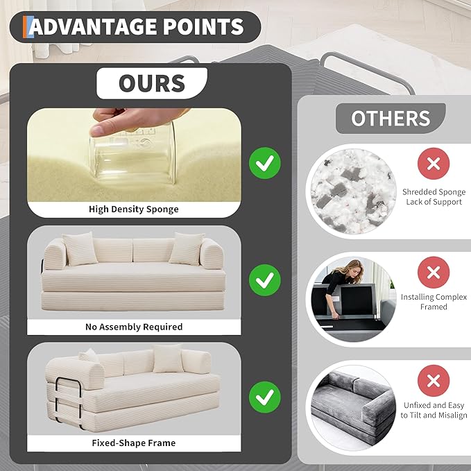 IDEALHOUSE 4 in 1 Convertible Sleeper Sofa Bed Couch 79 Inch Boneless Corduroy Floor Couch with Pillows No Assembly Modern Deep Seat Sofa Futon Mattress for Living RoomApartmentBeige