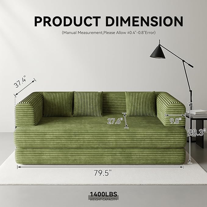 WENTMENT 80‘’Convertible Floor Sofa Bed for Living Room Boneless Couch with Deep Seat Corduroy Pull Out Sofa Bed with 3 Pillows Bedroom Apartment No AssemblyGreen (Green)
