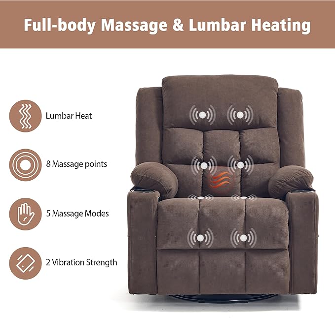 Swivel Rocker Recliner Chair for Adults with Massage and Heat Cup Holders and Side Pockets Glider Rocking Reclining Single Sofa Chair for Living Room (Cocoa)