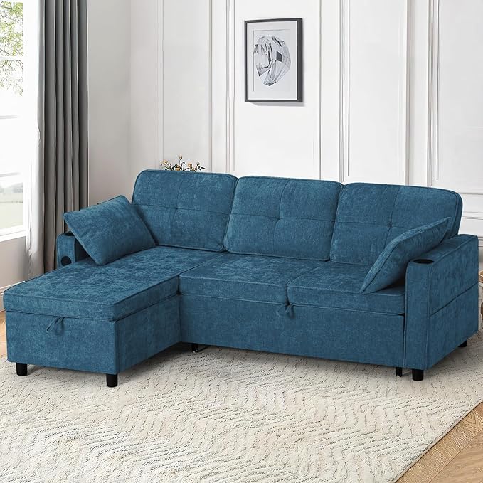 84“ Chenille Sectional Sofa w/Pull-Out Sofa Bed &amp Adjustable Backrest Tufted L-Shaped Couch w/Storage Chaise Sleeper Sofa w/USB Port &amp Cup Holders for Living Room Blue