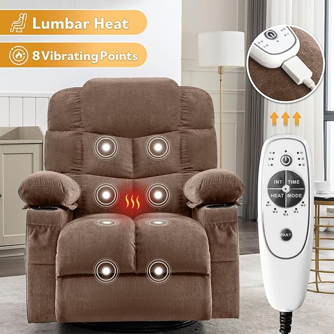 Oversized Massage Swivel Recliner Chair with Lumbar Heating for Living Room Rocker Recliner Single Sofa with Cup Holders and USB Charge Port Large Big Chair Recliners for Adult