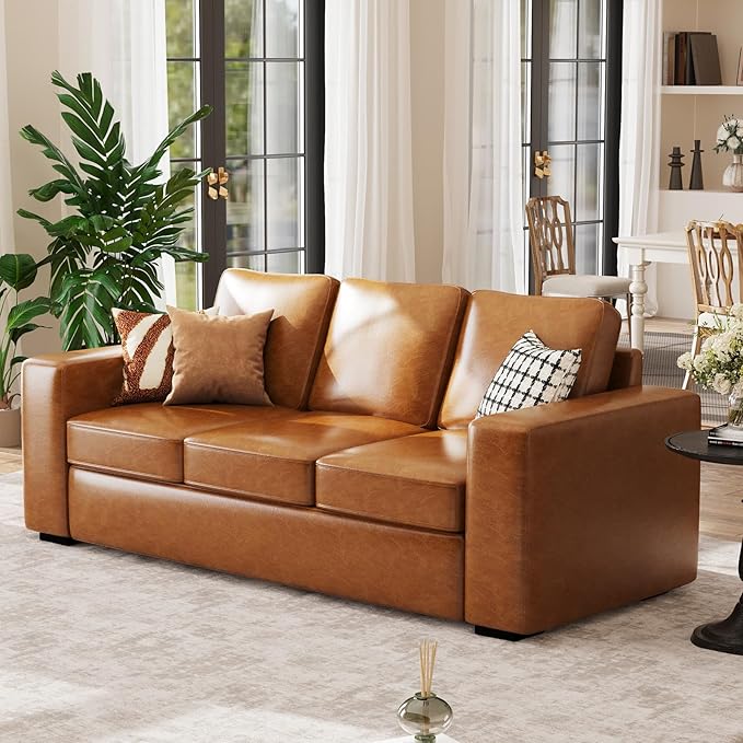 ABCASA 85 Sofa Couches for Living Room Faux Leather Sofa 3-Seater Comfy Modern Couch for Apartment OfficeBrown
