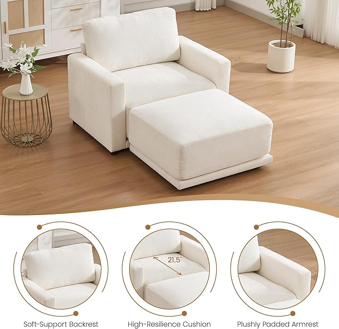 44.2 Oversized Sofa Chair with Ottoman Upholstered Accent Chair with Thick Cushions Single Sofa Lounge Chenille Comfy Reading Chair for Living Room Easy Assembly White