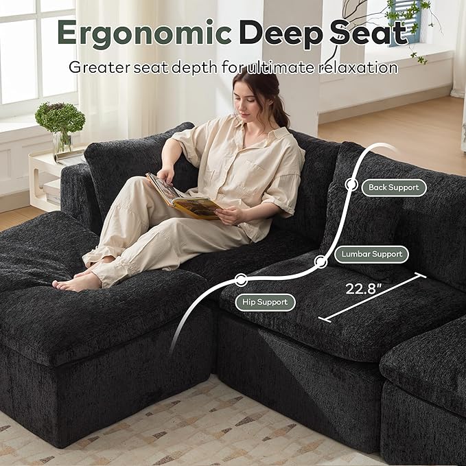 STHOUYN 114” Modern Black Boneless Sectional Couches for Living Room Black Modular L Shape Cloud Sofa Couch with Ottoman Comfy Big Oversized Corner Couch in a Box(Black 3 Seater + 1 Ottoman)