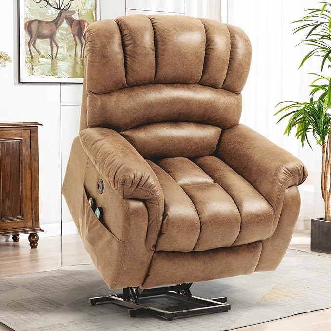 VIVIJASON Tall Man Large Power Lift Recliner Chair with Extended Footrest for Elderly Overstuffed Wide Electric Lift Chair with Heat &amp Massage 2 Remote Controls Side Pockets &amp USB Ports Sa