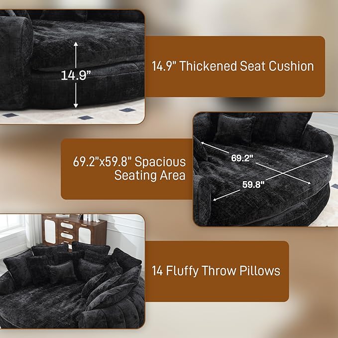 81 Round Sofa Bed Big Bean Bag Round Chaise Lounge Oversized Round Couch Boneless Reading Chair Plush Fluffy Chenille Large Chaise Chair for Living Room Bedroom Apartment Black