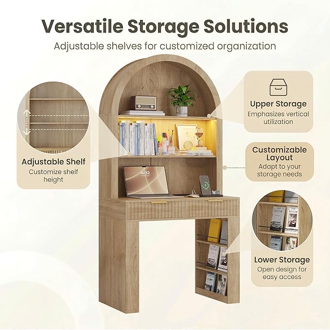 Arched Writing Desk with Hutch Home Office Desk with 2 Fluted Drawers Secretary Desk with Outlets LED Lights Bookshelves Wood Computer Desk for Small Space Bedroom 35.4W x 70.8H (Oak)