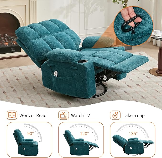 IDEALHOUSE Rocking Recliner Chair with Heat 38.5 Oversized Swivel Rocker Recliner with Massage Side Pockets &amp Cup Holders Reclining Sofa for Living Room Bedroom (Blue Terry Cloth)