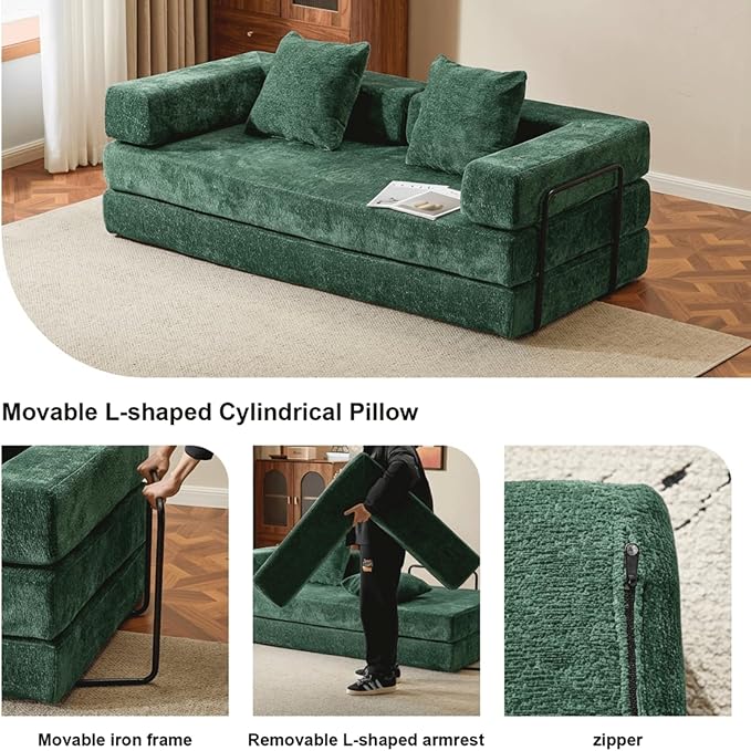 Alpen 77 Convertible Sleeper Sofa Bed with Pillow - Chenille Fabric &amp High-Density Sponge &amp Fixed-Shape Frame Modular Sofa for Living Room/Lounge/Studio Green
