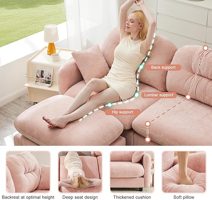 140'' Chenille Couch L-Shaped Sectional Sofa Ultra-Soft Comfort Memory Foam Cloud Couch with Pillows Sectional Couches for Living Room