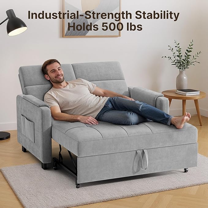 Gizoon Convertible Sofa Bed 3-in-1 Pull Out Couch 5-Position Adjustable Backrest &amp Side Pockets Modern Small Loveseat Sleeper Sofa for Living Room Apartment Dorm Studio Guest Room Light Gr