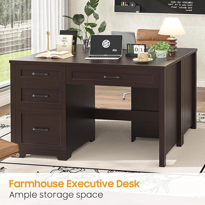 Vabches Farmhouse 47 Executive Desk with File Drawer Wood Computer Desk with 3 Storage Drawers Workstation for Home Office Writing StudyEspresso