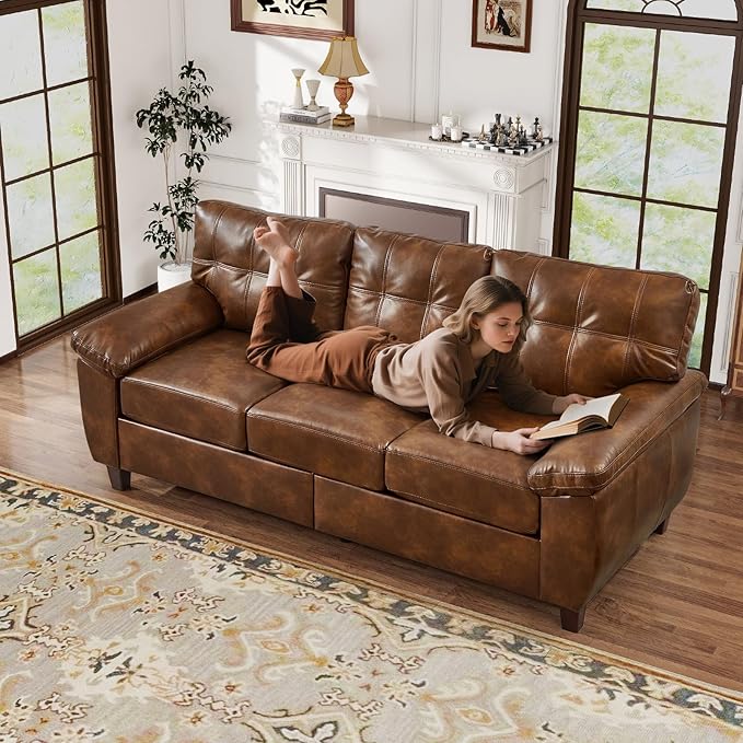 79 W Faux Leather Sofa Couch with Hidden Storage &amp Tufted Backrest Upholstered Mid Century Modern Couch Deep Seat Comfy Chesterfield Sofa for Living Room Bedroom Office(3 Seater Brown)