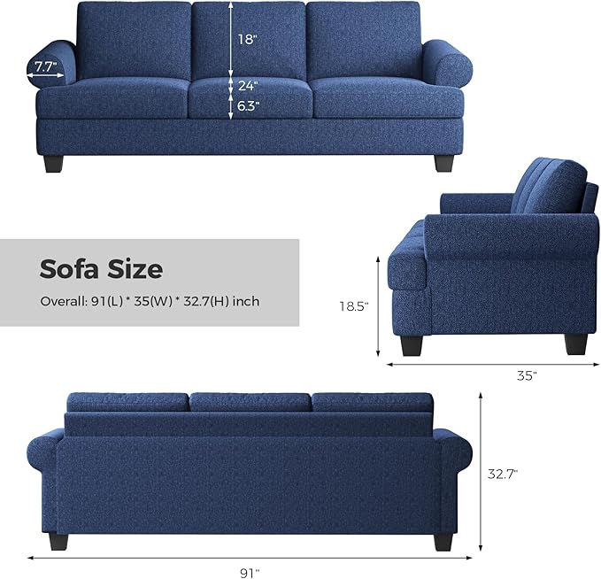 91 Inch Lawson Sofa with Extra Deep Seats Oversize Mid-Century 3-Seat Sofa Couch for Living Room Apartment Lounge Dark Blue