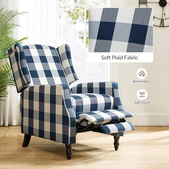 HULALA HOME Wingback Recliner Chairs Set of 2 Traditional Push Back Recliners with Solid Wood Legs Modern Lounge Armchairs for Living Room Comfy Upholstered Accent Reclining Chairs Buffalo Navy