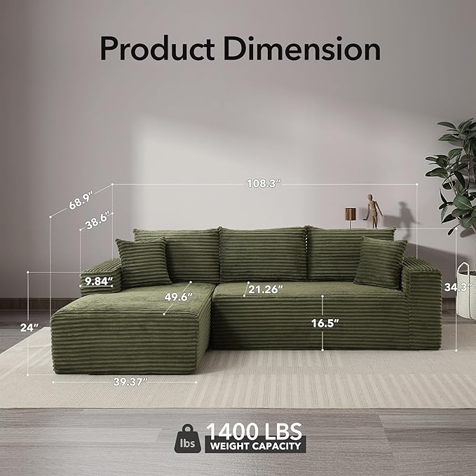 108 Cloud Sectional Couch with L-Shape Chaise Modern Modular Sofa with Deep Seat Boneless Cloud Couches for Living Room Bedroom No Assembly Required Plush Corduroy (Green Left Facing Chaise)