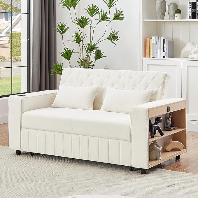 61.4 Pull-out Sofa Bed Convertible Sleeper Sofa Bed with Adjustable Backrest Cup Holders Storage Rack Handy Side Pockets Two Lumbar Pillows Modern Loveseat Sofa for Living Room (Beige/132)