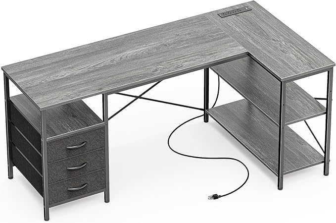 Huuger L Shaped Office Desk with Power Outlets 55 Inch Computer Desk with 3 Drawers Shelves Reverisble for Gaming Corner Work Home Office Study Grey
