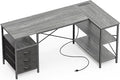Huuger L Shaped Office Desk with Power Outlets 55 Inch Computer Desk with 3 Drawers Shelves Reverisble for Gaming Corner Work Home Office Study Grey
