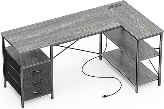 Huuger L Shaped Office Desk with Power Outlets 55 Inch Computer Desk with 3 Drawers Shelves Reverisble for Gaming Corner Work Home Office Study Grey