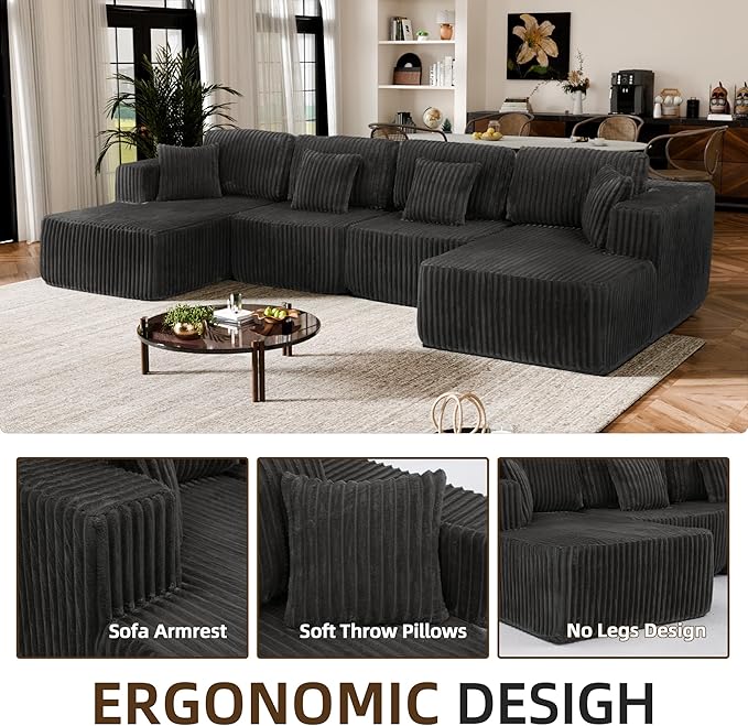 132 U Shaped Sectional Couch Large Modular Cloud Couches with Double Chaise Lounge Comfy Corduroy Cloud Sofa with Pillows Boneless Couches for Living Room Grey