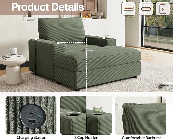 42.8 Oversized Chaise Lounge Chair with Storage Ottoman Corduroy Sofa Bed with Cup Holders &amp USB Charging Port Upholstered Sleeper Chair for Living Room Bedroom Green