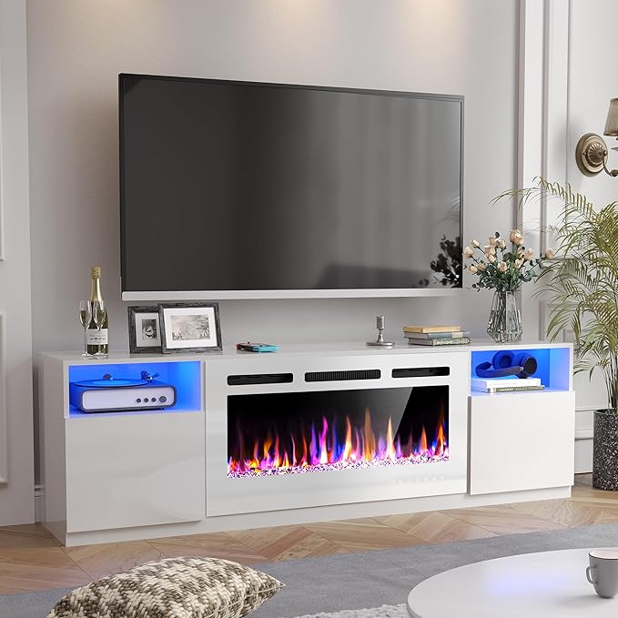 AHB Fireplace TV Stand LED Light Entertainment Center with 36 Electric Fireplace and Storage Cabinet Media Console Table for TVs Up to 80 Inches Ideal for Living Room 70 Inches (All White)