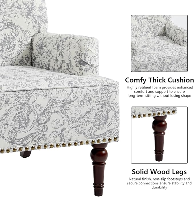 Accent Chair Mid Century Modern Comfy Armchair for Living Room Linen Fabric Single Sofa Lounge for Reading Bedroom Apartment Waiting Room with Wood Legs (Rococo Light Grey Set of 1)