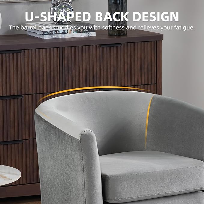 Velvet Accent Chair with Ottoman Modern Barrel Armchair Plush Lounge Chair for Living Room Bedroom Reading Nook 4 Colors (Gray)