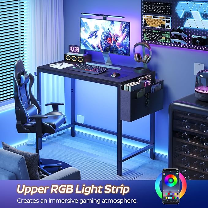 Computer Desk with LED Lights Gaming Desk with Storage Bag and Breathable Mesh Desktop Home Office Desk with Headphone Hook for Home Office Gaming Room Black and Gray DN07DBB