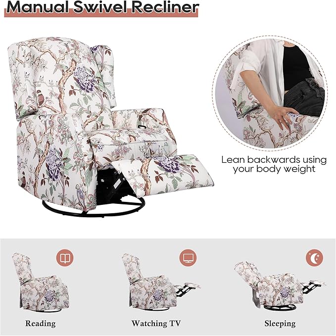Swivel Rocker Recliner Chair with Patterned Fabric 360° Swivel &amp Gentle Rocking Motion Wingback Reclining Chair for Adults Living Room Accent Rocker Armchair with Push-Back Recline (Print)