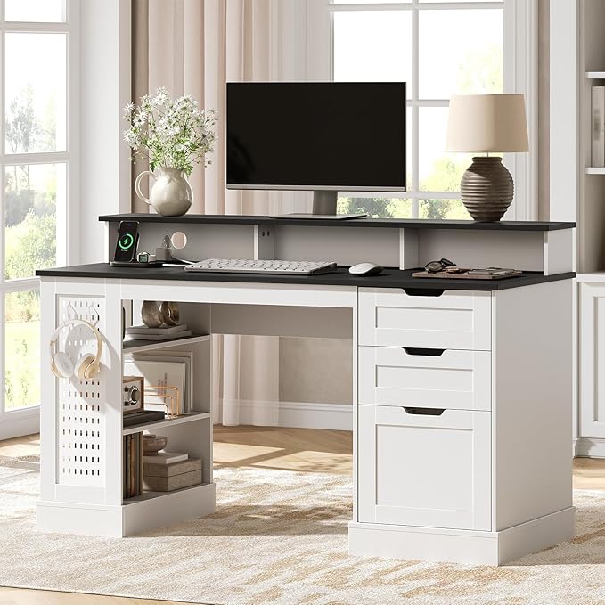 55-Inch Farmhouse Executive Desk with 2 Drawers and File Cabinet Computer Desk with 3-Tier Storage Shelves Home Office Desk with Charging Station Pegboard and Monitor Shelf White and Black